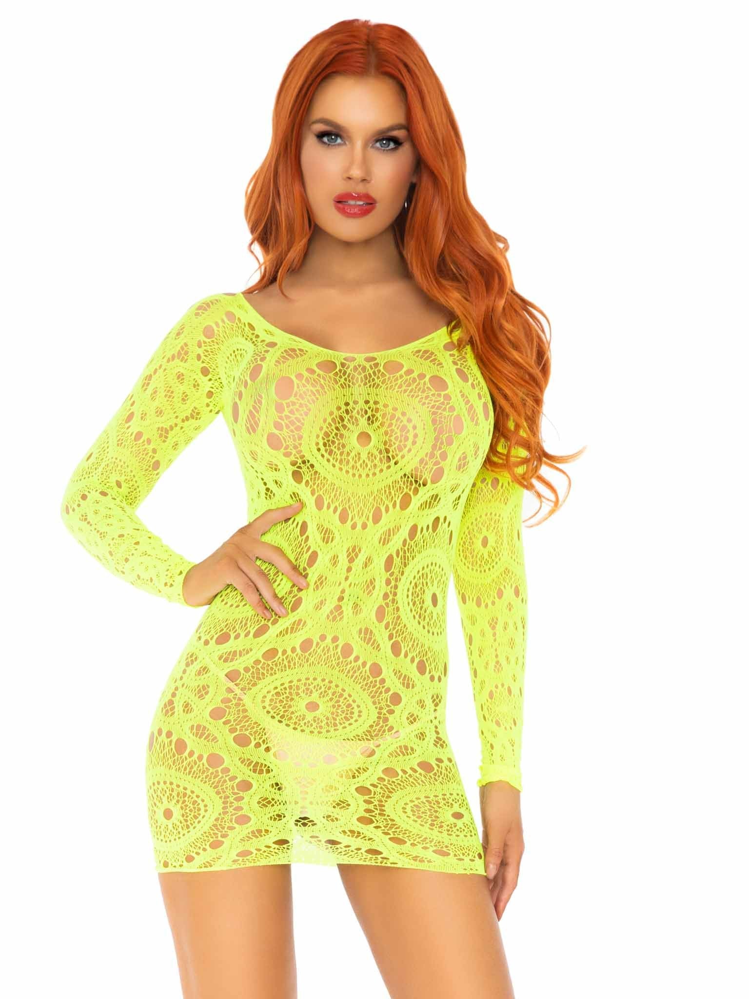 Leg Avenue - Mini Vestido De Encajes Manga Larga Neon Talla Unica
