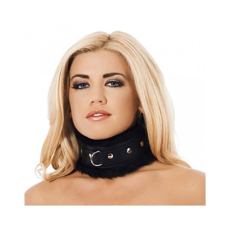 Collar Ancho Cuero Y Pelo Artificial Negro Talla (Interno):M/L