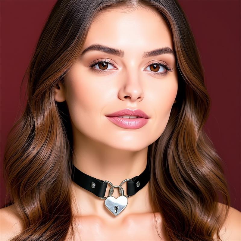 Collar Con Candado De Corazón Cuero Vegano Talla Única