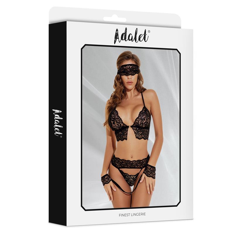 Ella Set Sujetador, Tanga, Antifaz Y Esposas De Encaje Talla (Interno):S/M