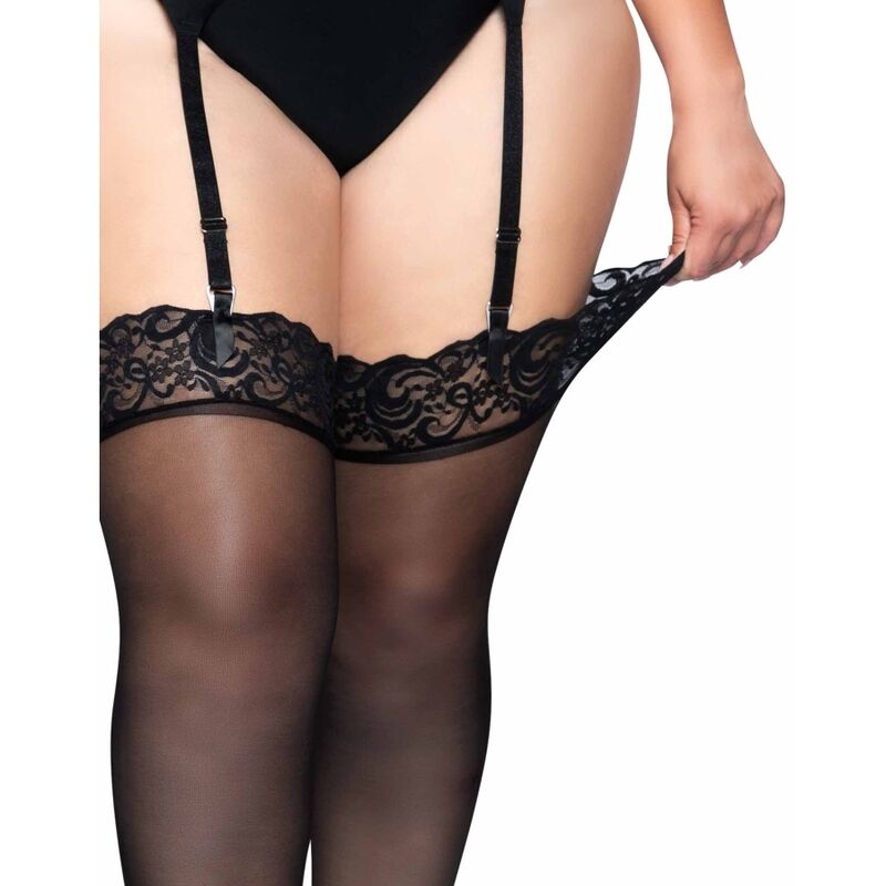 Leg Avenue - Outlet - Medias De Nylon Negras Con Encaje Superior Plus