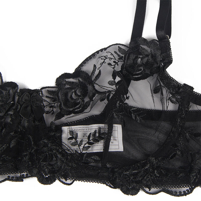 Subblime - Set De 3 Piezas Sujetador + Tanga + Liga Estampado Floral Negro S/M