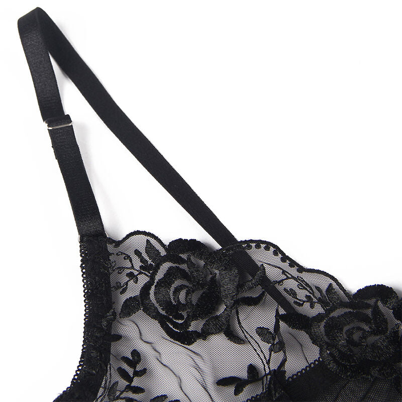 Subblime - Set De 3 Piezas Sujetador + Tanga + Liga Estampado Floral Negro S/M