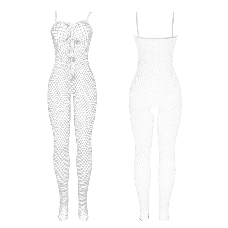 Subblime - 951740 Bodystocking Crotchless De Rejilla Con Lazos Blanco Talla Única