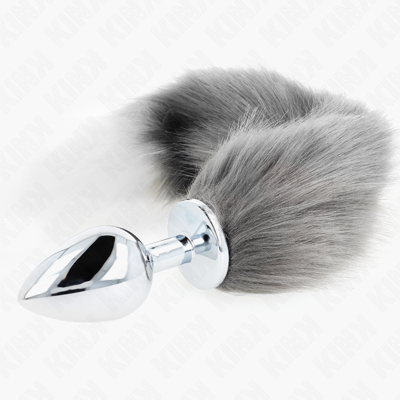 Kink - Plug Anal Talla L 10 X 4 Cm Con Cola Sintética 40 Cm Plateado Y Blanco