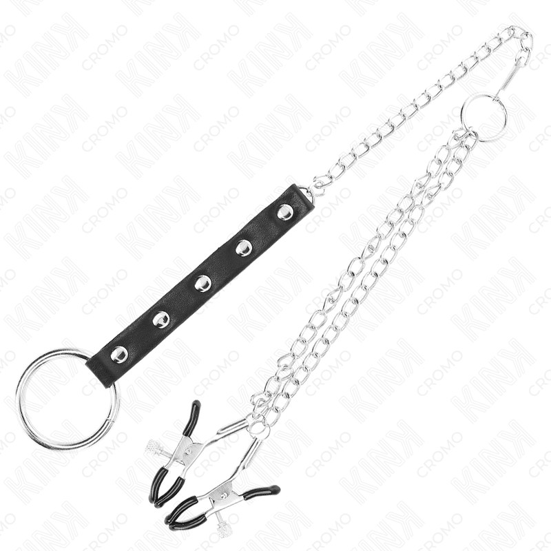 Kink - Anillo Pene Metal Con Cadena Y Pinzas Para Pezones Ajustable