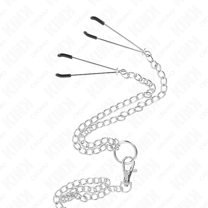 Kink - Anillo Pene Triple Metal Cromado 3.8 Cm A 5 Cm Con Cadena Metal 26 Cm Y Pinzas Para Pezones Modelo 2