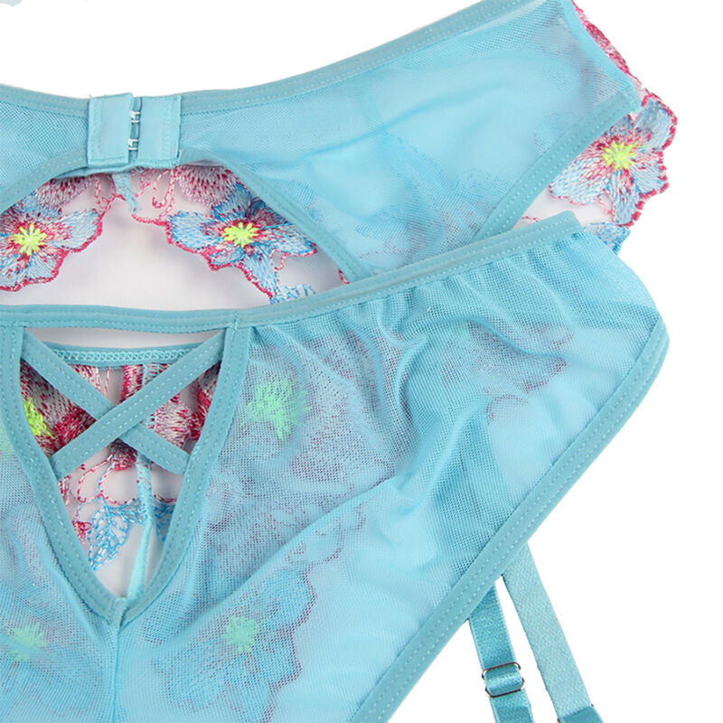 Subblime - 954116 Sujetador + Panties Con Liguero Diseño Floral Azul L/xl
