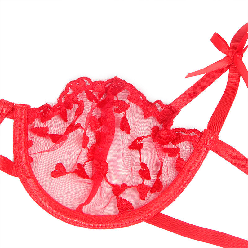 Subblime - 954321 Sujetador + Tanga + Ligueros Estampado De Corazones Rojo S/M
