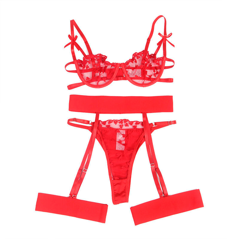 Subblime - 954321 Sujetador + Tanga + Ligueros Estampado De Corazones Rojo S/M