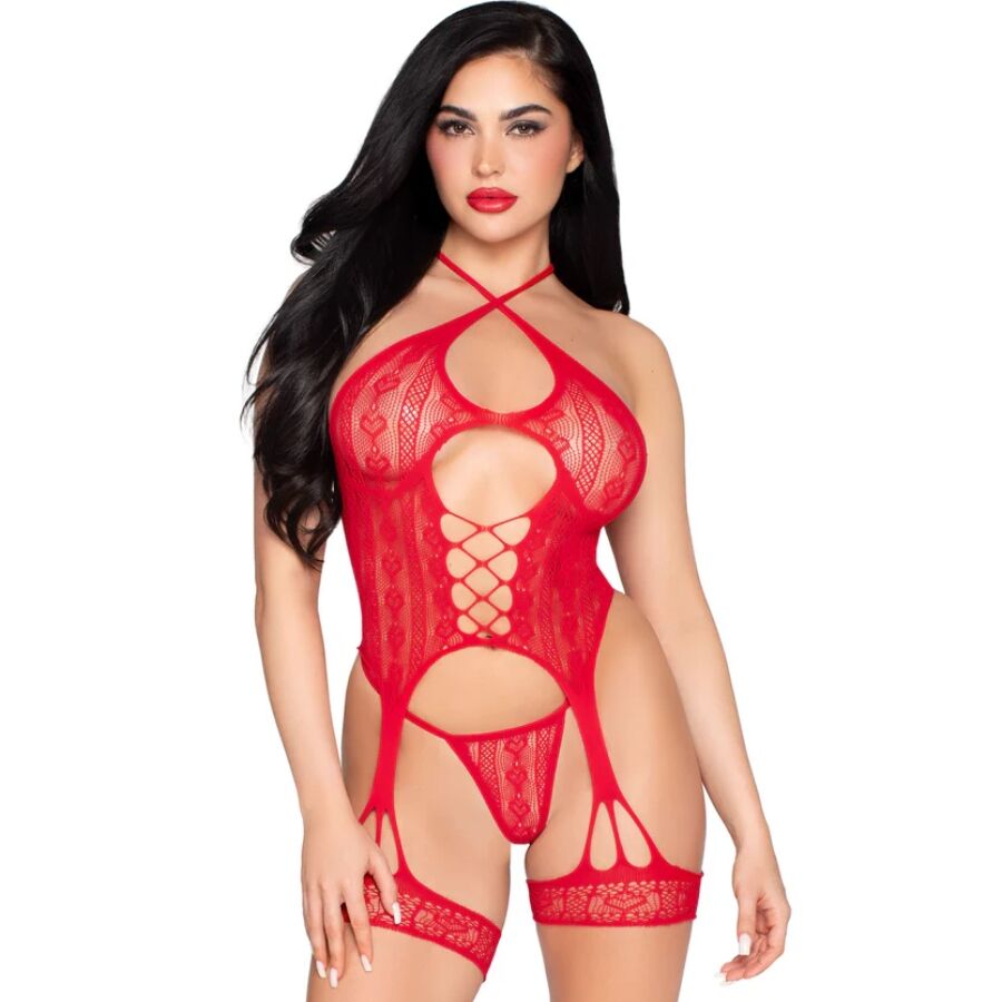 Leg Avenue - 89338 Set Body Abierto Con Liguero + Tanga De Encaje Rojo - Talla Única