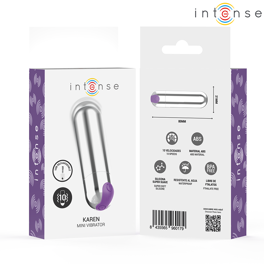 Intense - Karen Mini Bala Vibradora 10 Modos Recargable Plateado