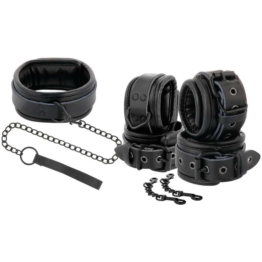 Darkness - Esposas Y Collar De Cuero Negro