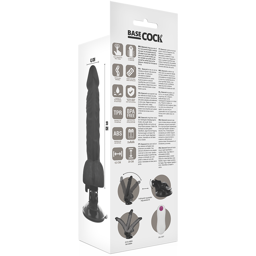Basecock - Vibrador Realístico Articulable Control Remoto Negro 20 Cm -o- 4.5 Cm