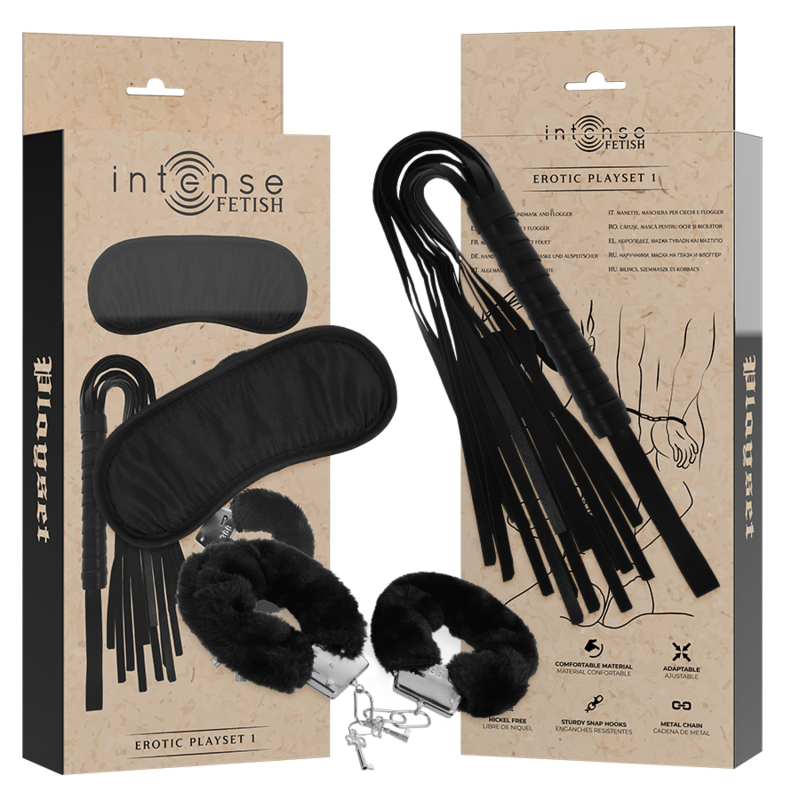 Intense - Fetish Set Erótico 1 Con Esposas, Antifaz Y Ltigo De Cuero Vegano