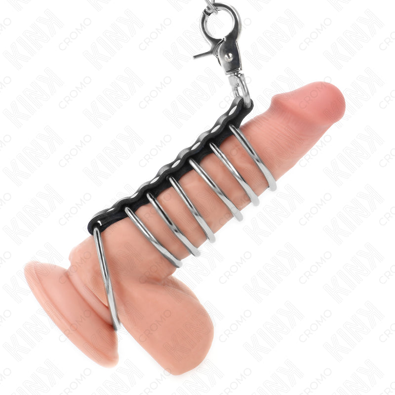 Kink - 7 Anillos Pene Metal 3.8 Cm A 5 Cm Conectados Con Polipiel Y Cadena Metal 100 Cm