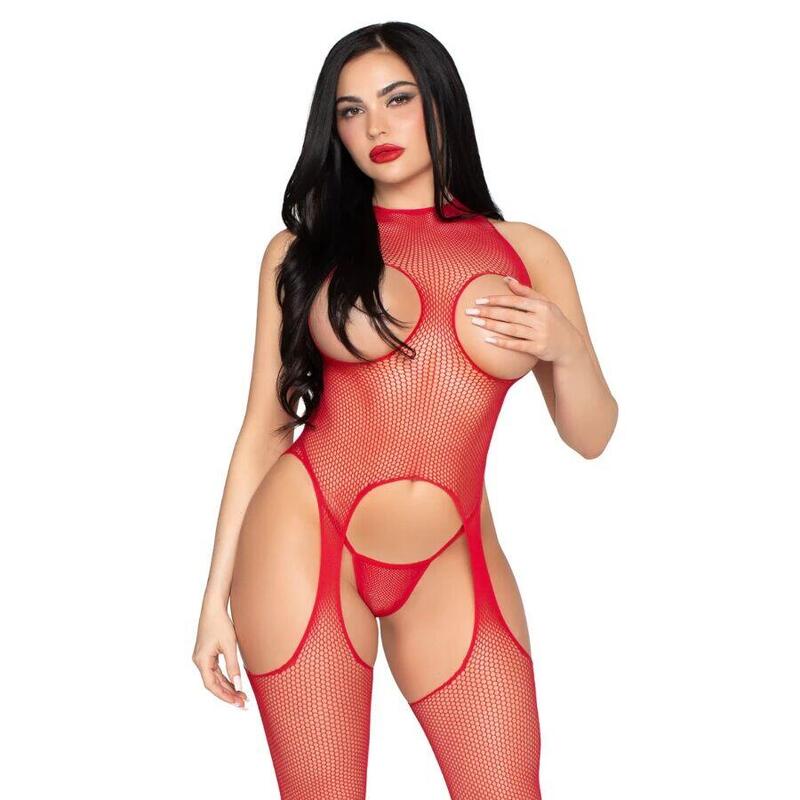 Leg Avenue - 89374 Bodystocking Sin Copas Y Panty Rojo - Talla Única