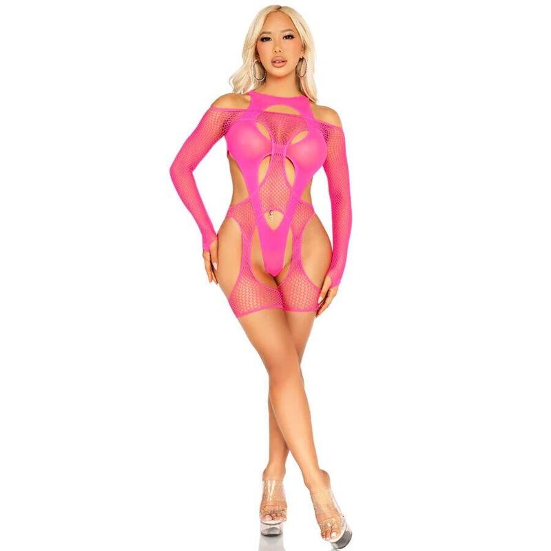 Leg Avenue - Body De Rejilla Con Liga Y Arnés Rosa Neón