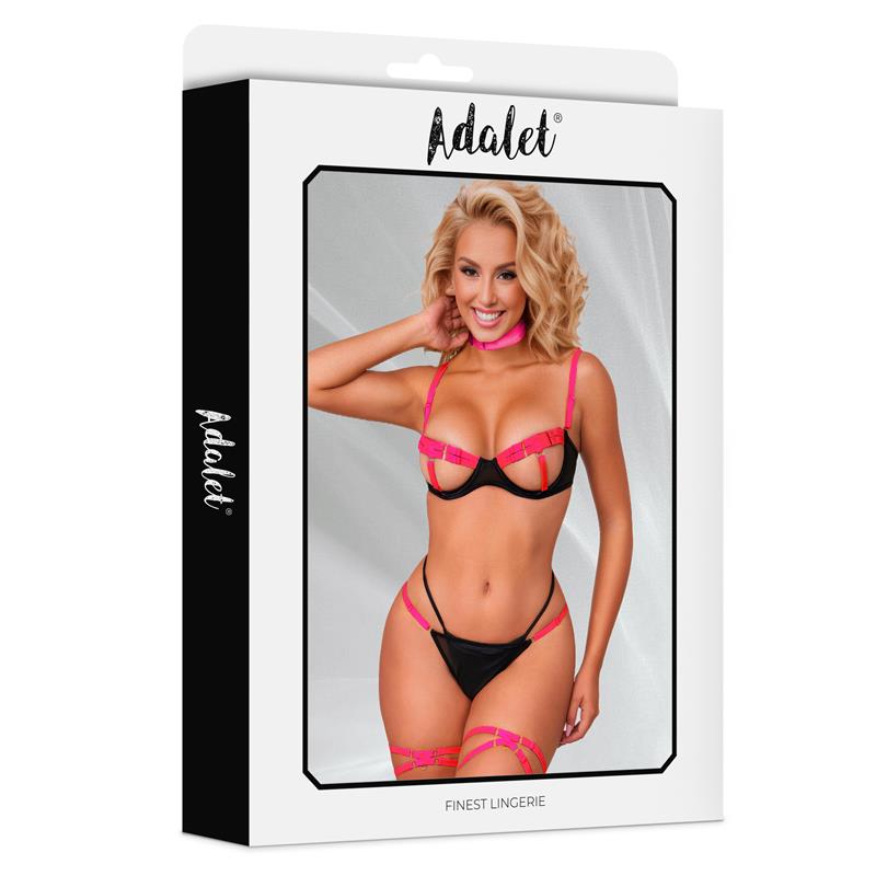 Pauline Set Sujetador, Tanga, Ligas Y Choker Negro Y Rosa Talla (Interno):S/M