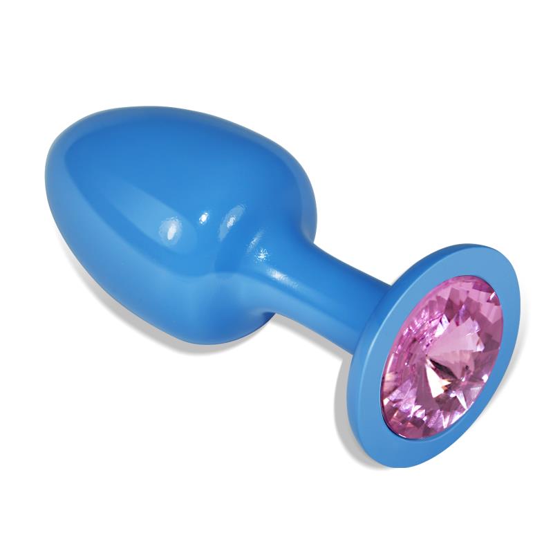Plug Anal De Metal Azul Rosebud Con Joya Rosa