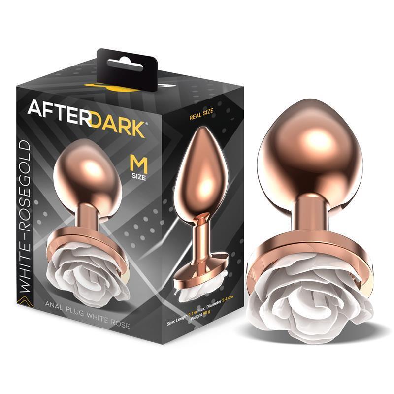 Plug Anal De Metal Oro Rosa Con Rosa Blanca En La Base Talla M