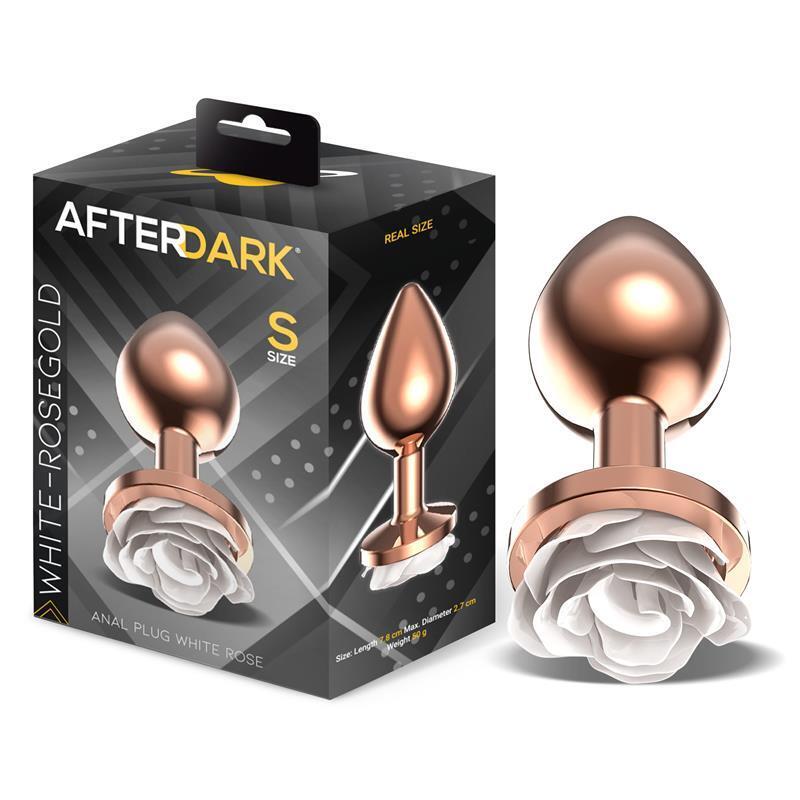 Plug Anal De Metal Oro Rosa Con Rosa Blanca En La Base Talla S