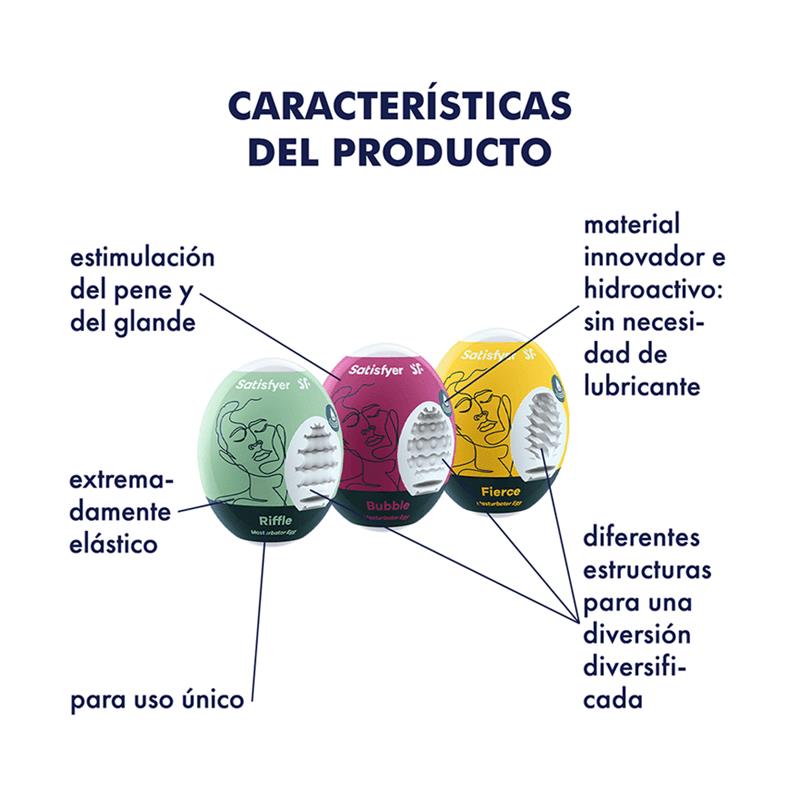 Satisfyer - 3 Huevos Masturbadores Riffle, Bubble & Fierce