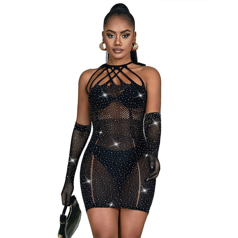 Subblime - 952235 Bodystocking De Rejilla Con Brillantes Y Guantes Negro Talla Única