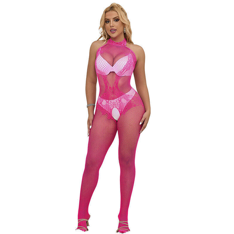Subblime - 952389 Bodystocking Crotchless De Rejilla Y Encaje Con Cuello Alto Rosa Talla Única