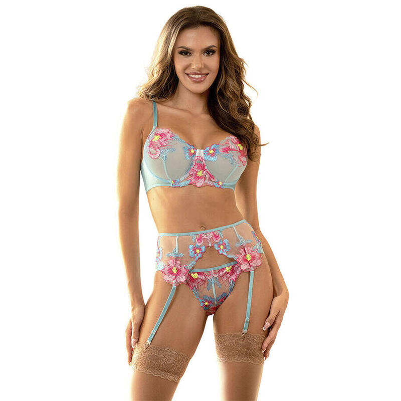 Subblime - 957650 Conjunto Sujetador Y Liguero Con Bordados De Flores Rosas L/Xl