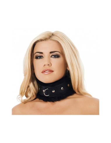 Collar Ancho Cuero Y Pelo Artificial Negro Talla (interno):s/m