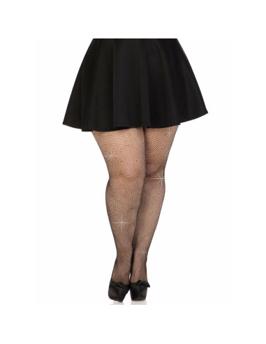 Leg Avenue - Medias Rejilla Cristalizada Negro Plus Size