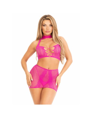 Leg Avenue - Top & Falda De Encaje Abierto Fucsia