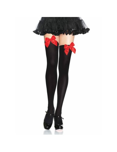 Leg Avenue - Medias Altas Negras Con Lacito Rojo Talla Unica