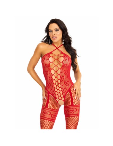 Leg Avenue - Bodystocking Cuello Halter Red Corazones Rojo