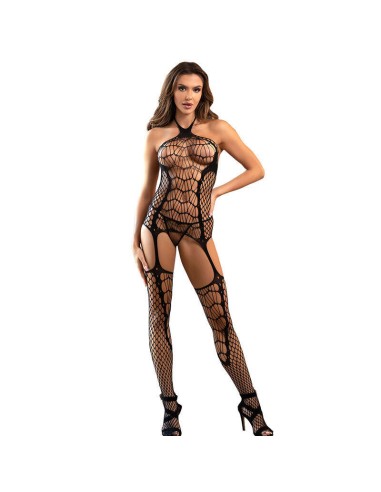 Subblime - 952105 Bodystocking Crotchless De Rejilla Con Cuello Halter Y Espalda Abierta Negro Talla única