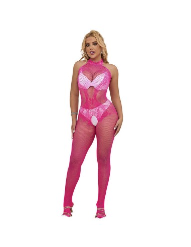 Subblime - 952389 Bodystocking Crotchless De Rejilla Y Encaje Con Cuello Alto Rosa Talla única