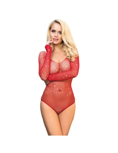 Subblime - 952303 Bodystocking De Rejilla Brillante Con Hombros Descubiertos Manga Larga Rojo Talla única