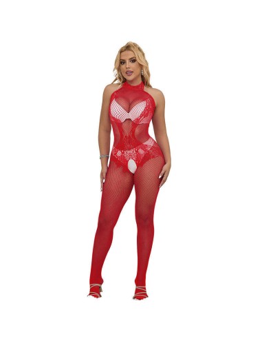 Subblime - 952372 Bodystocking Crotchless De Rejilla Y Encaje Con Cuello Alto Rojo Talla única