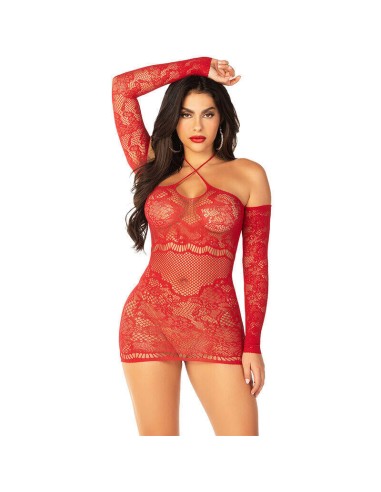 Leg Avenue - Minivestido De Rejilla Con Hombros Descubiertos Y Manga Larga Rojo