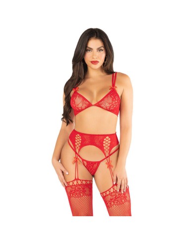 Leg Avenue - Sujetador + Tanga + Medias De Rejilla Rojo Talla única