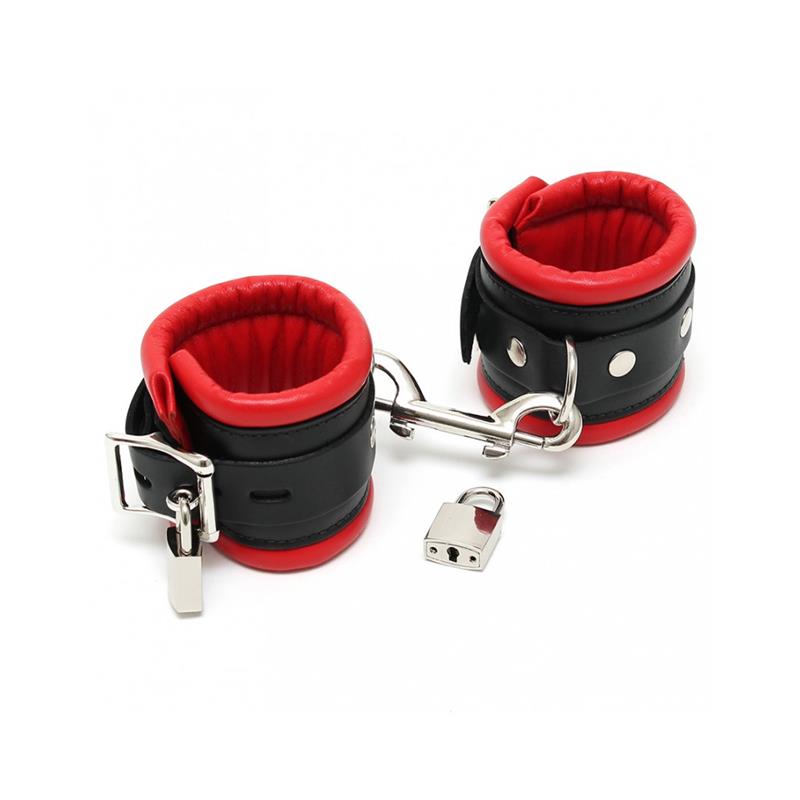 Esposas Cuero Con Candado Negro Y Rojo 7 Cm