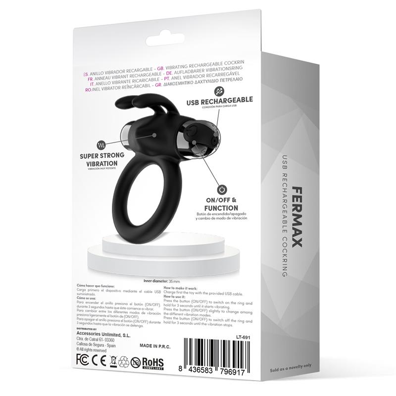 Fermax Anillo Vibrador Con Conejito Usb Silicona Negro