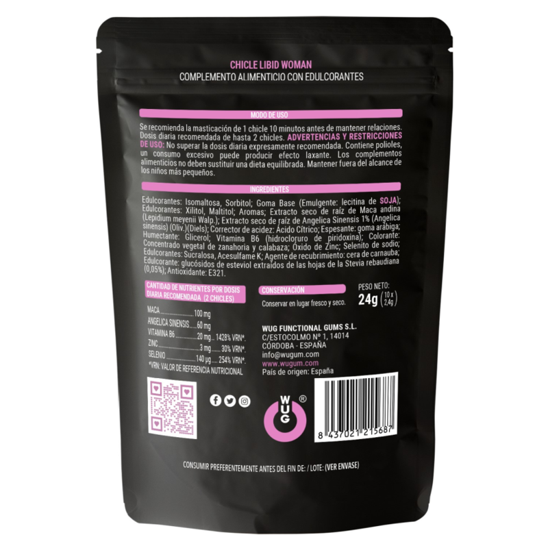 Wug Libid Woman – Chicle Funcional Con Maca, Ginseng Femenino Y Zinc Para Potenciar La Vitalidad Femenina