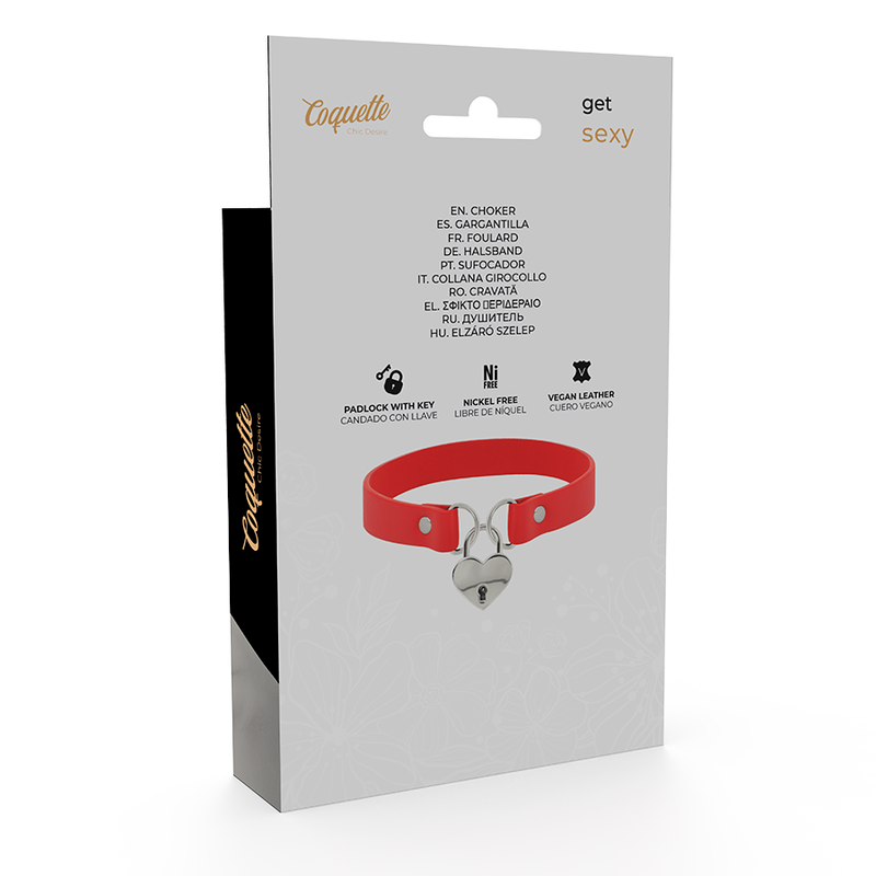 Coquette Chic Desire - Collar Cuero Vegano Rojo Accesorio Corazón Con Llave
