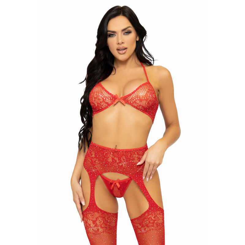 Leg Avenue - Set Tres Piezas Sujetador, Tanga Y Medias Talla Unica - Rojo