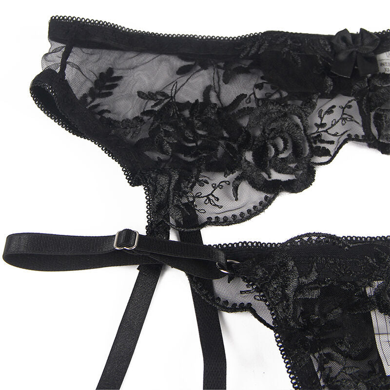 Subblime - Set De 3 Piezas Sujetador + Tanga + Liga Estampado Floral Negro S/M