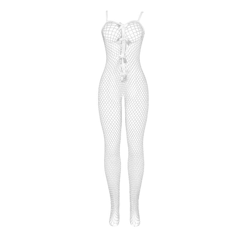 Subblime - 951740 Bodystocking Crotchless De Rejilla Con Lazos Blanco Talla Única