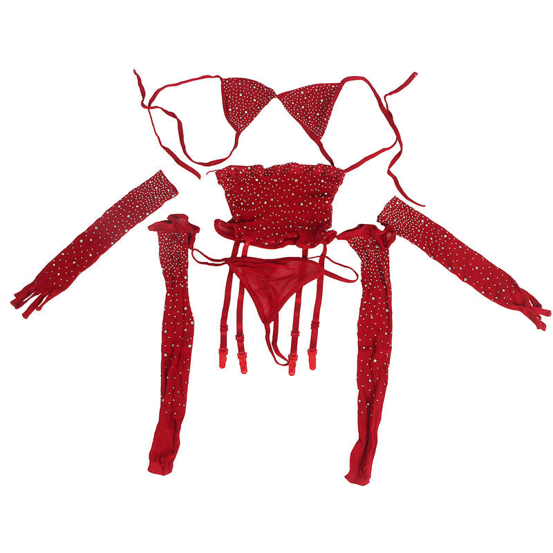 Subblime - 952181 Bodystocking De Rejilla Con Guantes Y Diamantes Rojo Talla Única