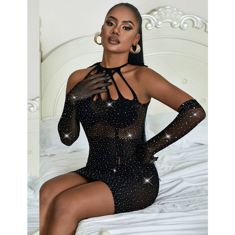 Subblime - 952235 Bodystocking De Rejilla Con Brillantes Y Guantes Negro Talla Única